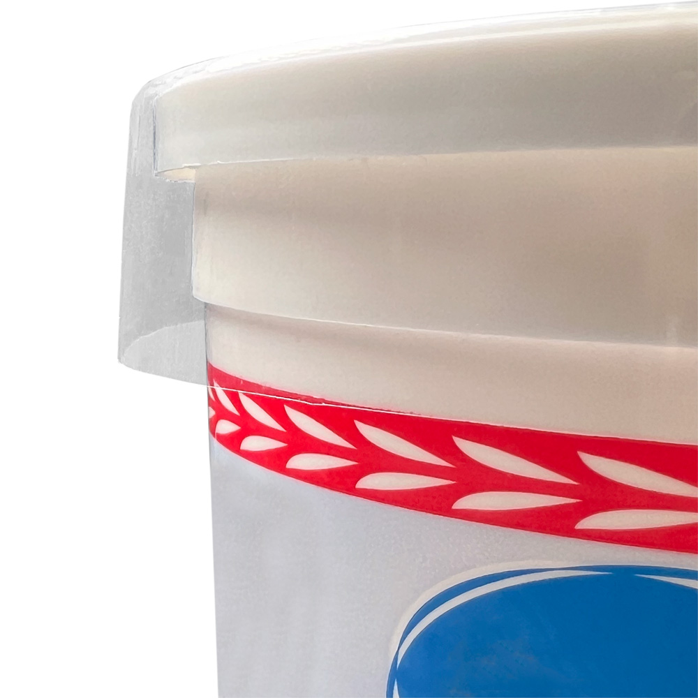 Close up of 192mm x 25mm + 7 mm Preform Shrink Band on Container Lid