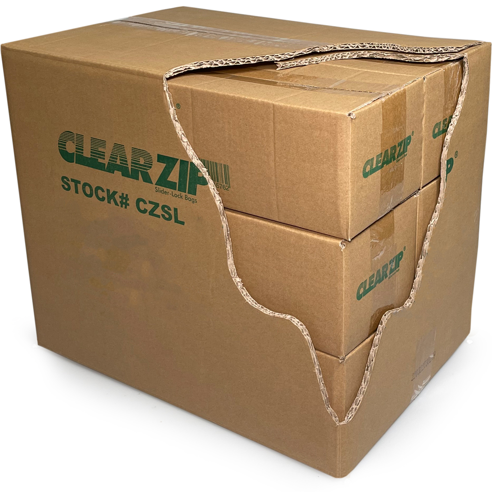 4 x 6 3 Mil White Block Sliding Zipper Bags Master Cardboard Box Case with Corner Cut Out to Reveal Six Individual Boxes Inside