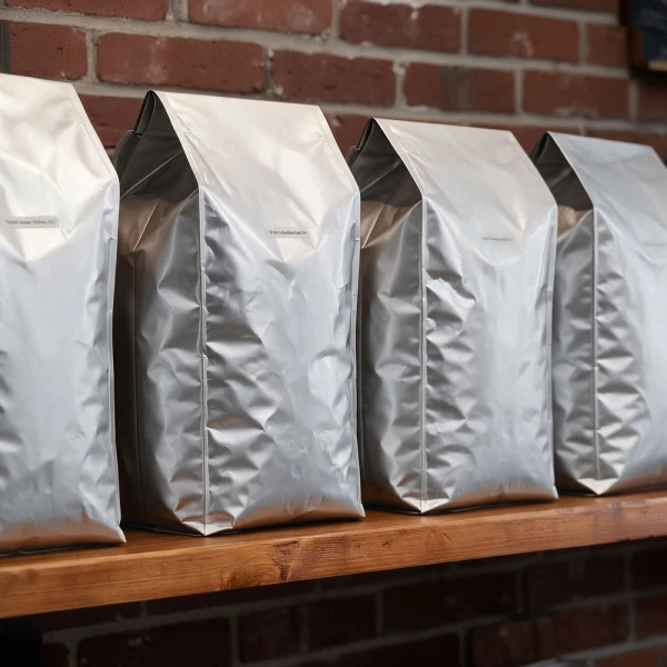 10 lbs Quad Seal Side Gusset Bags Bags - 11 x 4 7/8 x 23 1/2 Silver Bulk Coffee Silver Foil 10 lbs Quad Seal Side Gusset Bags