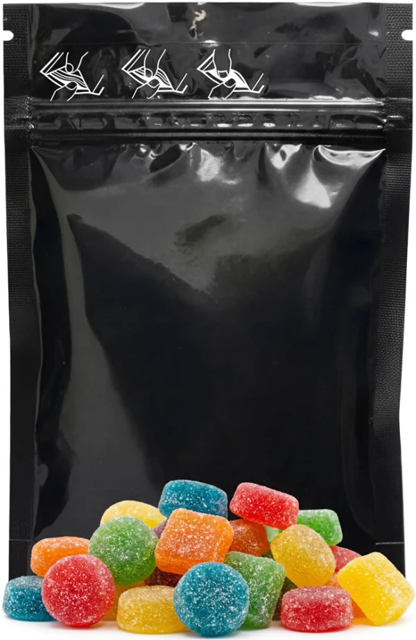 3.5 x 6 + 2 Child Resistant Stand Up Pouches with Gummies Gummies in front of a 3.5 x 6 + 2 Child Proof Stand Up Pouches