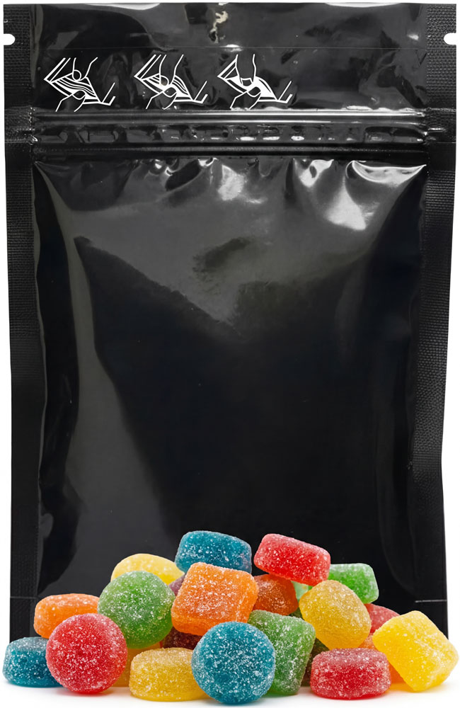 Gummies in front of a 3.5 x 6 + 2 Child Proof Stand Up Pouches