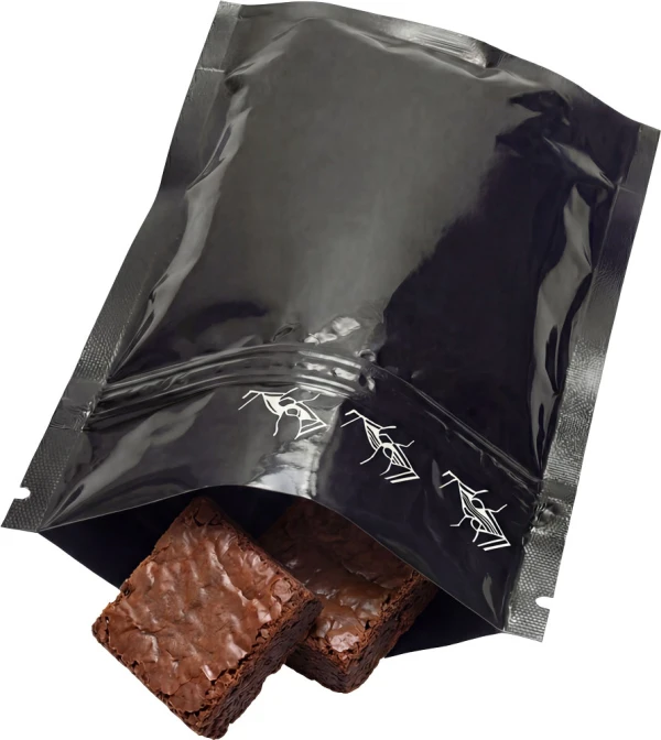 3.5 x 6 + 2 Child Resistant Stand Up Pouches with Infused Brownies Infused Brownies in a 3.5 x 6 + 2 Child Proof Stand Up Pouches