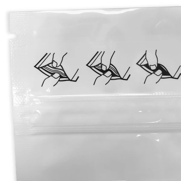 3.75 x 4 Child Resistant Stand Up Pouches White 3.75 x 4 Child Resistant Stand Up Pouches Zipper Picture Instructions of How to Open Bag in Top Left Corner of Bag