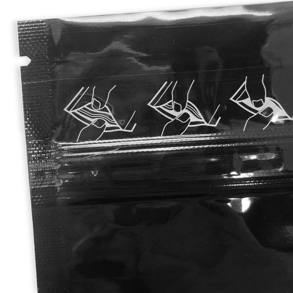 Black 3.75 x 4 Child Resistant Stand Up Pouches Zipper Picture Instructions of How to Open Bag in Top Left Corner of Bag