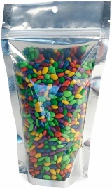Clear Front/Silver Metallized Back 5 x 8.5 + 3 Stand Up Pouch with candy coated sunflower seeds