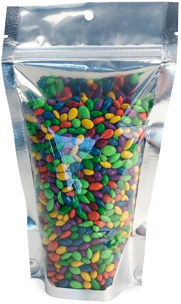 Clear Front/Silver Metallized Back 5 x 8.5 + 3 Stand Up Pouch Clear Front/Silver Metallized Back 5 x 8.5 + 3 Stand Up Pouch with candy coated sunflower seeds