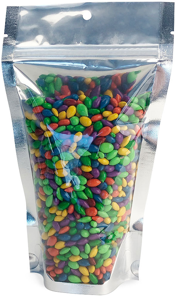 Clear Front/Silver Metallized Back 5 x 8.5 + 3 Stand Up Pouch Clear Front/Silver Metallized Back 5 x 8.5 + 3 Stand Up Pouch with candy coated sunflower seeds