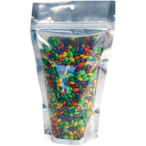 Clear Front/Silver Metallized Back 5 x 8.5 + 3 Stand Up Pouch with candy coated sunflower seeds