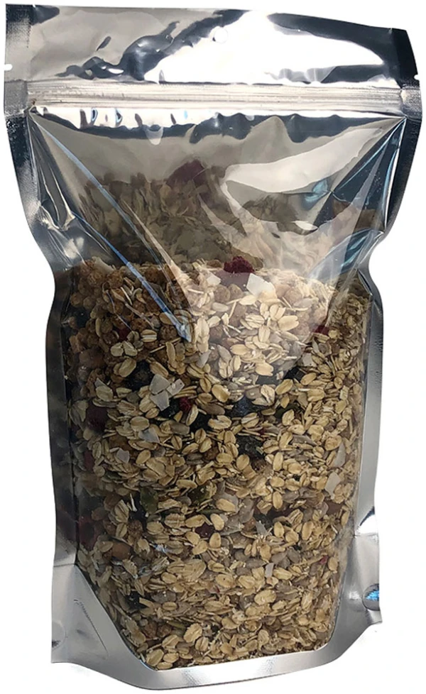 Clear Front/Silver Metallized Back 7.5 x 11.5 + 3.5 Stand Up Pouch Clear Front/Silver Metallized Back 7.5 x 11.5 + 3.5 Stand Up Pouch with Granola