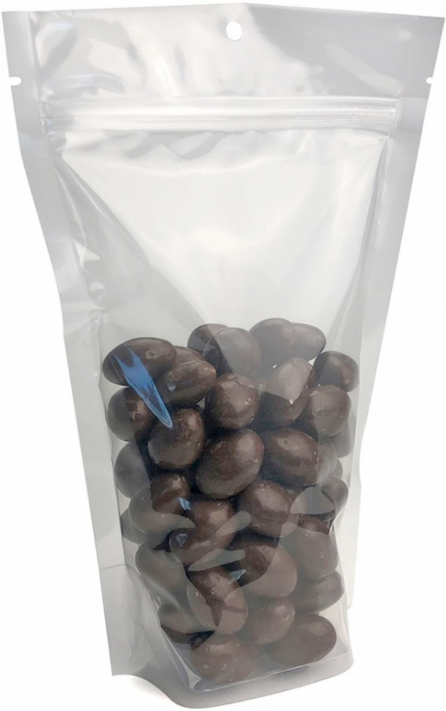 Clear 5 x 8.5 + 3 Stand Up Pouch with Hang Hole with Chocolate Covered Almonds