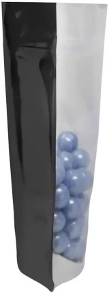 12 oz Stand Up Pouch Clear/Black PET/ALU/LLDPE Side view with Purple Soap Balls