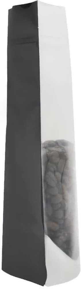 Clear/Black 12 oz. Stand Up Pouch with Valve Side Side View of Clear/Black 12 oz. Stand Up Pouch with Valve with Coffee Beans