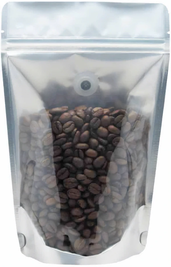 Clear/Black 12 oz. Stand Up Pouch with Valve Clear/Black 12 oz. Stand Up Pouch with Valve with Coffee Beans