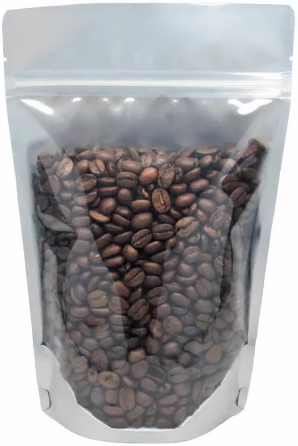 16 oz Stand Up Pouch Clear/Black PET/ALU/LLDPE with Coffee Beans