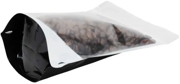 Clear/Black 16 oz. Stand Up Pouch with Valve Bottom Gusset Black Bottom of Clear/Black 16 oz. Stand Up Pouch with Valve with Coffee Beans