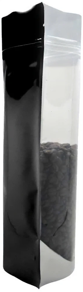 Clear/Black 16 oz. Stand Up Pouch with Valve Side Side View of Clear/Black 16 oz. Stand Up Pouch with Valve with Coffee Beans