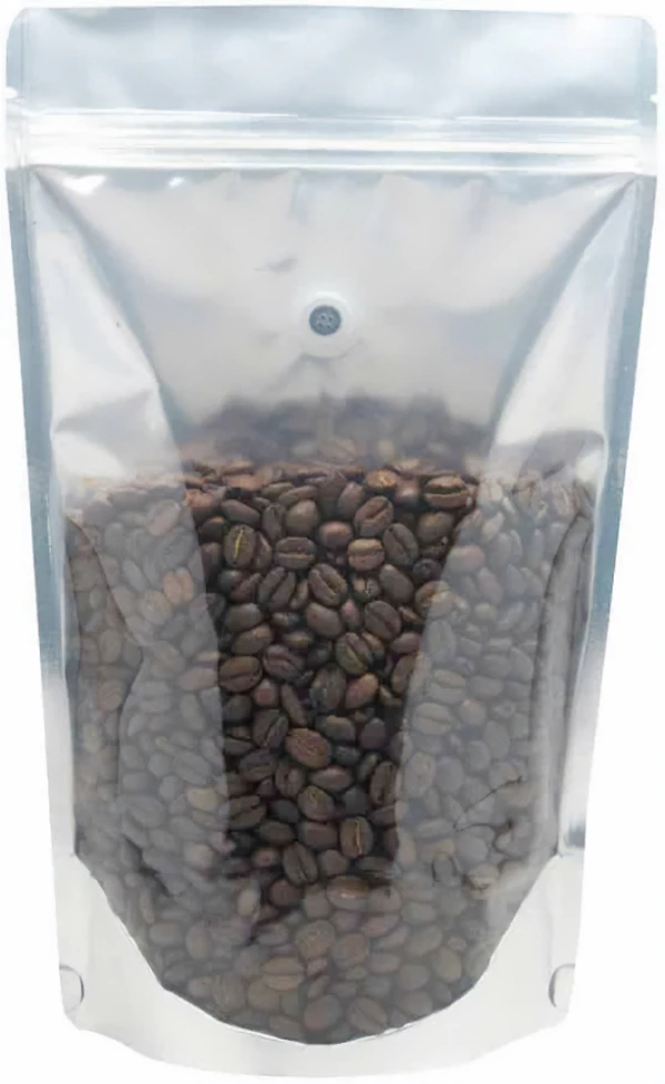 Clear/Black 16 oz. Stand Up Pouch with Valve Clear/Black 16 oz. Stand Up Pouch with Valve with Coffee Beans