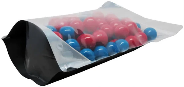 Clear/Black 2 lb Stand Up Pouch Bottom Gusset 2 lb Stand Up Pouch Clear/Black PET/ALU/LLDPE Bottom Gusset with Red and Blue Gum Balls