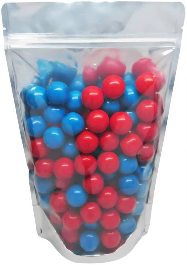 Clear/Black 2 lb Stand Up Pouch 2 lb Stand Up Pouch Clear/Black PET/ALU/LLDPE with Red and Blue Gum Balls