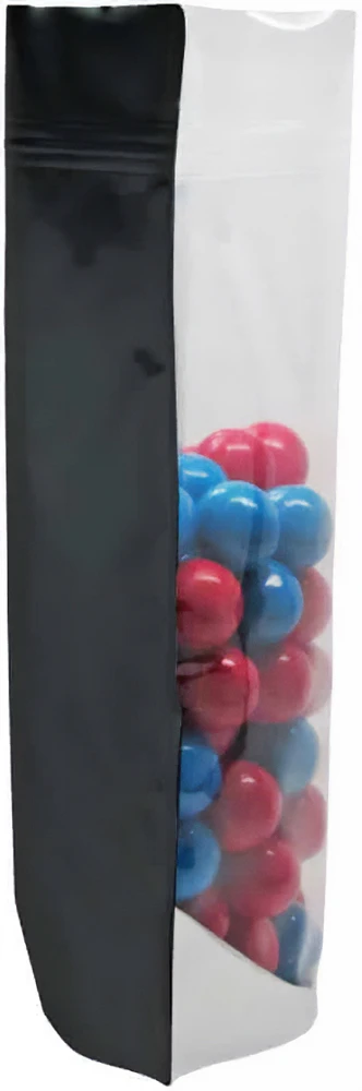 Clear/Black 2 lb Stand Up Pouch with Valve Side 2 lb Stand Up Pouch with valve Clear/Black PET/ALU/LLDPE Side View with Red and Blue Candy