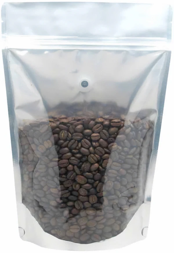 Clear/Black 2 lb Stand Up Pouch with Valve 2 lb Stand Up Pouch with valve Clear/Black PET/ALU/LLDPE with Coffee Beans