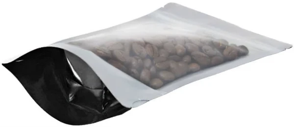 Clear/Black 2 oz. Stand Up Pouch with Valve Bottom Gusset Bottom of Clear/Black 2 oz. Stand Up Pouch with Valve with Coffee Beans