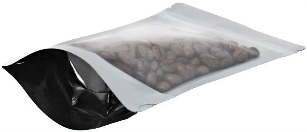 Bottom of Clear/Black 2 oz. Stand Up Pouch with Valve with Coffee Beans