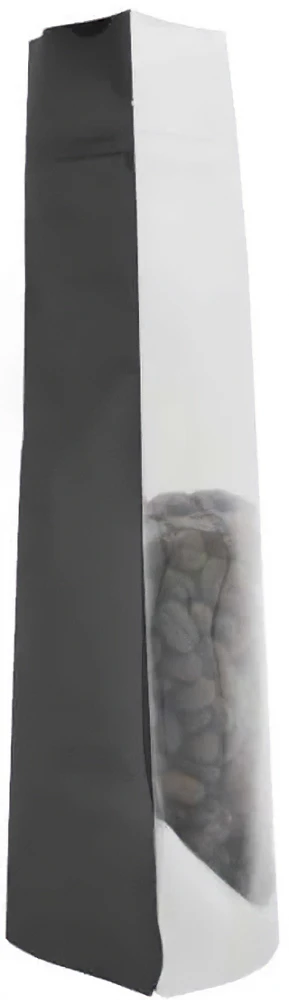Clear/Black 2 oz. Stand Up Pouch with Valve Side Side view of Clear/Black 2 oz. Stand Up Pouch with Valve with Coffee Beans