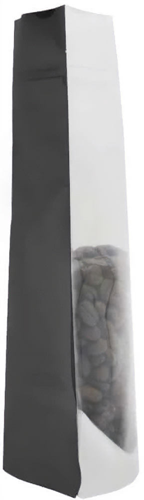 Clear/Black 2 oz. Stand Up Pouch with Valve Side Side view of Clear/Black 2 oz. Stand Up Pouch with Valve with Coffee Beans