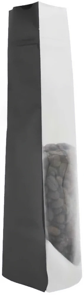 Clear/Black 4 oz. Stand Up Pouch Side 4 oz Stand Up Pouch Clear/Black PET/ALU/LLDPE Side view with Coffee Beans