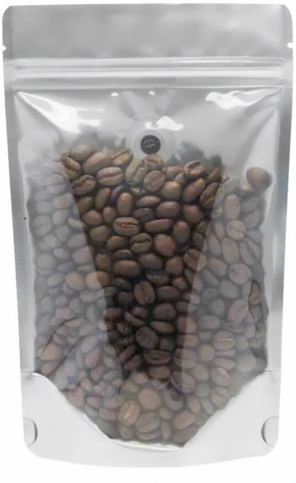 Clear/Black 4 oz. Stand Up Pouch with Valve Clear/Black 4 oz. Stand Up Pouch with Valve with Coffee Beans