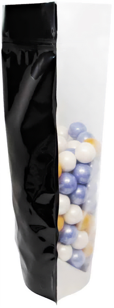 Clear/Black 5 lb Stand Up Pouch Side View Side View of Clear/Black 5 lb Stand Up Pouch with Multi Colored Candy