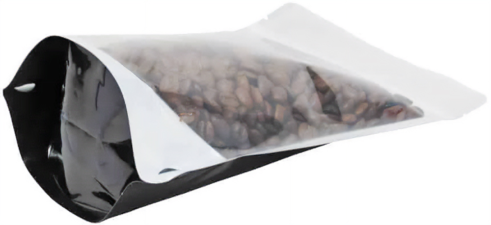 5 lb Stand Up Pouch with valve Clear/Black PET/ALU/LLDPE Bottom Gusset with Coffee Beans