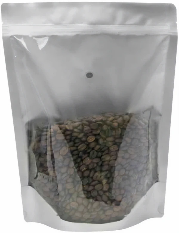 Clear/Black 5 lb Stand Up Pouch with Valve 5 lb Stand Up Pouch with valve Clear/Black PET/ALU/LLDPE with Coffee Beans