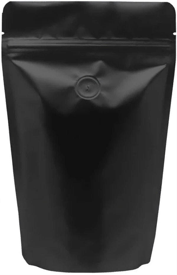 Clear/Black 8 oz. Stand Up Pouch with Valve Back Black Back of Clear and Black 8 oz. Stand Up Pouch with Valve