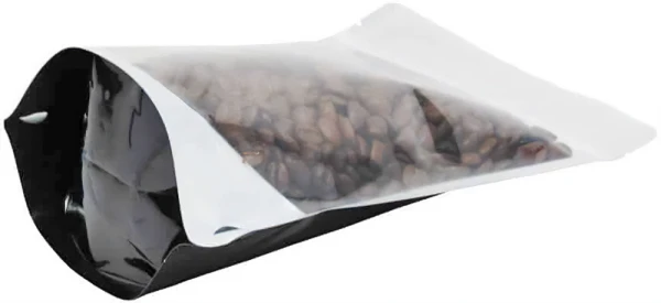 Clear/Black 8 oz. Stand Up Pouch with Valve Bottom Gusset Bottom of Clear/Black 8 oz. Stand Up Pouch with Valve with Coffee Beans