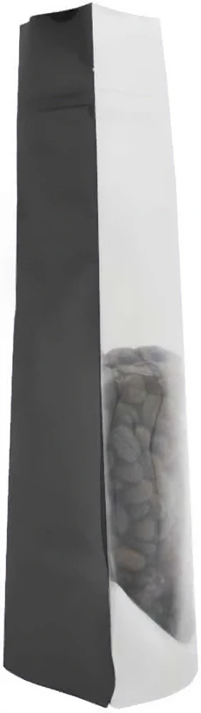 Clear/Black 8 oz. Stand Up Pouch with Valve Side Side of Clear/Black 8 oz. Stand Up Pouch with Valve with Coffee Beans
