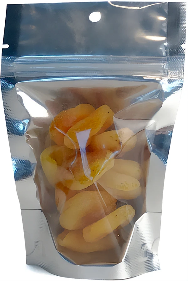 Clear Front/Silver Metallized Back 4 x 6 +2.5 Stand Up Pouch Clear Front/Silver Metallized Back 4 x 6 +2.5 Stand Up Pouch with Dried Apricots