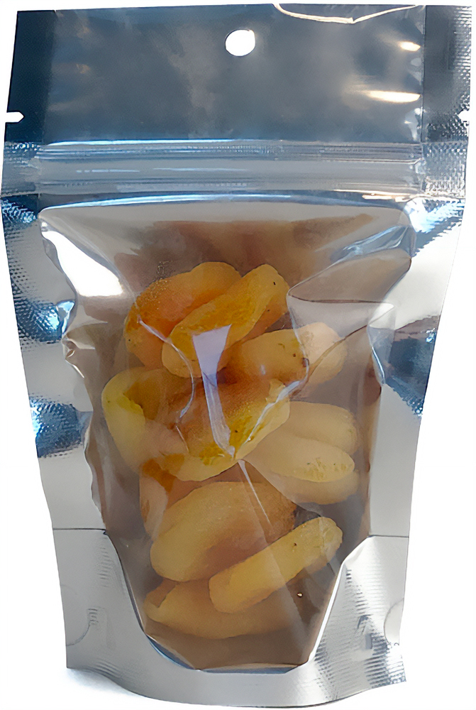 Clear Front/Silver Metallized Back 4 x 6 +2.5 Stand Up Pouch with Dried Apricots
