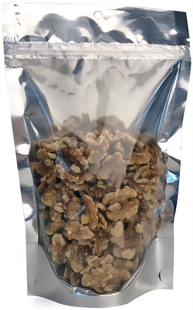 Clear Front/Silver Metallized Back 6 x 9.5 + 3.5 Stand Up Pouch with Walnuts
