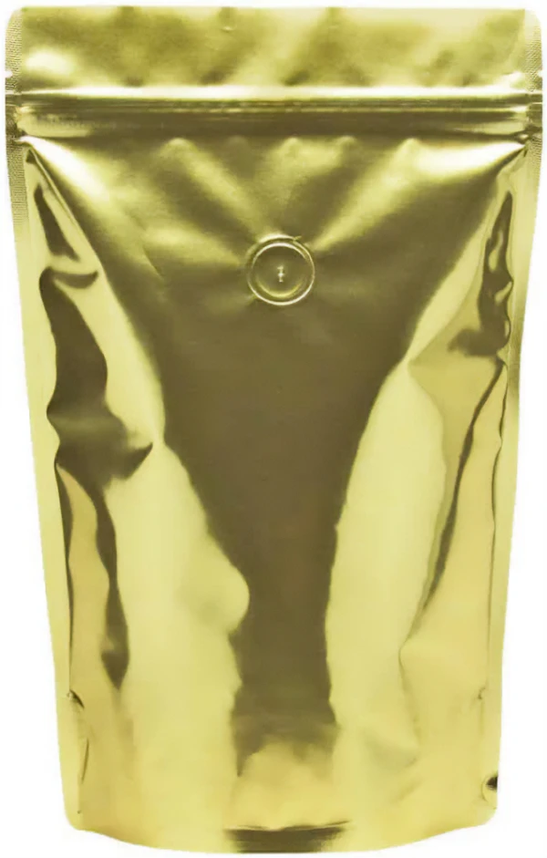 Clear/Gold 12 oz. Stand Up Pouch with Valve Back Gold Back of Clear/Gold 12 oz. Stand Up Pouch with Valve