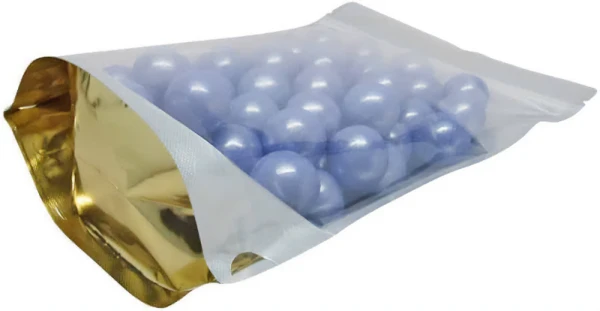 Clear/Gold 12 oz. Stand Up Pouch with Valve Bottom Gusset Gold Bottom of Clear/Gold 12 oz. Stand Up Pouch with Valve with Purple Candy