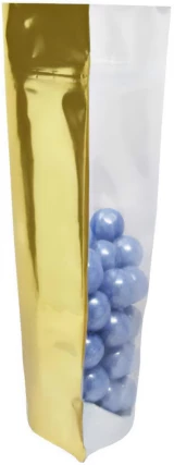 12 oz Stand Up Pouch with valve Clear/Gold PET/ALU/LLDPE Side with Purple Candy