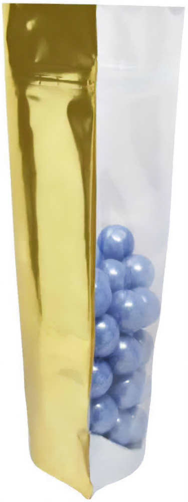 Clear/Gold 12 oz. Stand Up Pouch with Valve Side Side View of Clear/Gold 12 oz. Stand Up Pouch with Valve with Purple Candy
