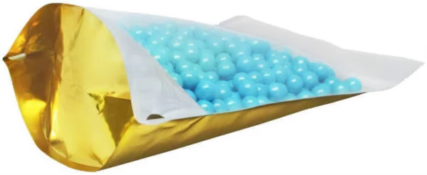 Clear/Gold 16 oz. Stand Up Pouch Bottom Gusset 16 oz Stand Up Pouch Clear/Gold PET/ALU/LLDPE Bottom Gusset with Blue Candy