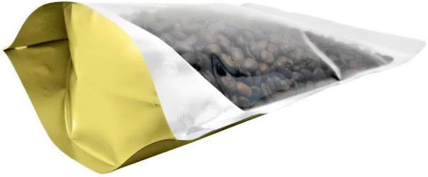 Clear/Gold 16 oz. Stand Up Pouch with Valve Bottom Gusset Gold Bottom of Clear/Gold 16 oz. Stand Up Pouch with Valve with Coffee Beans
