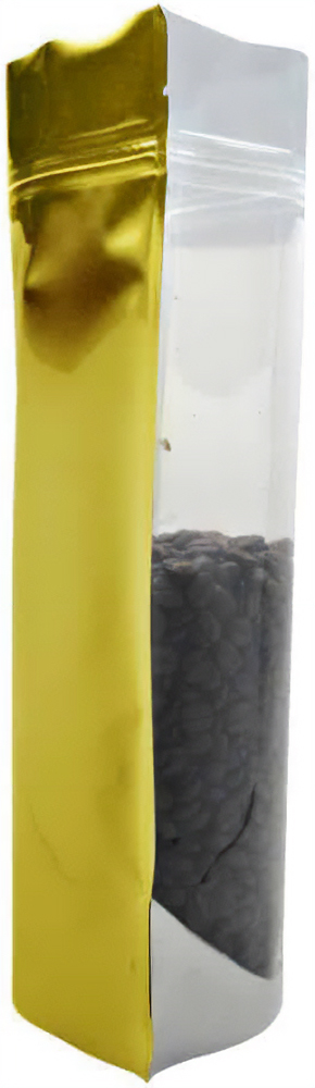 Clear/Gold 16 oz. Stand Up Pouch with Valve Side Side View of Clear/Gold 16 oz. Stand Up Pouch with Valve with Coffee Beans