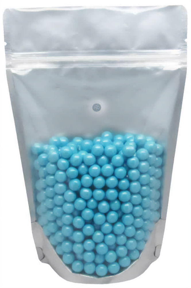 Clear/Gold 16 oz. Stand Up Pouch with Valve with Blue Candy