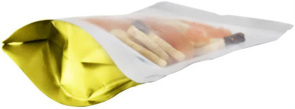 Clear/Gold 2 oz. Stand Up Pouch Bottom Gusset 2 oz Stand Up Pouch Clear/Gold PET/ALU/LLDPE Bottom Gusset with Trail Mix