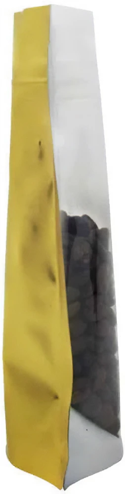 Clear/Gold 2 oz. Stand Up Pouch Side 2 oz Stand Up Pouch Clear/Gold PET/ALU/LLDPE Side view with Coffee Beans